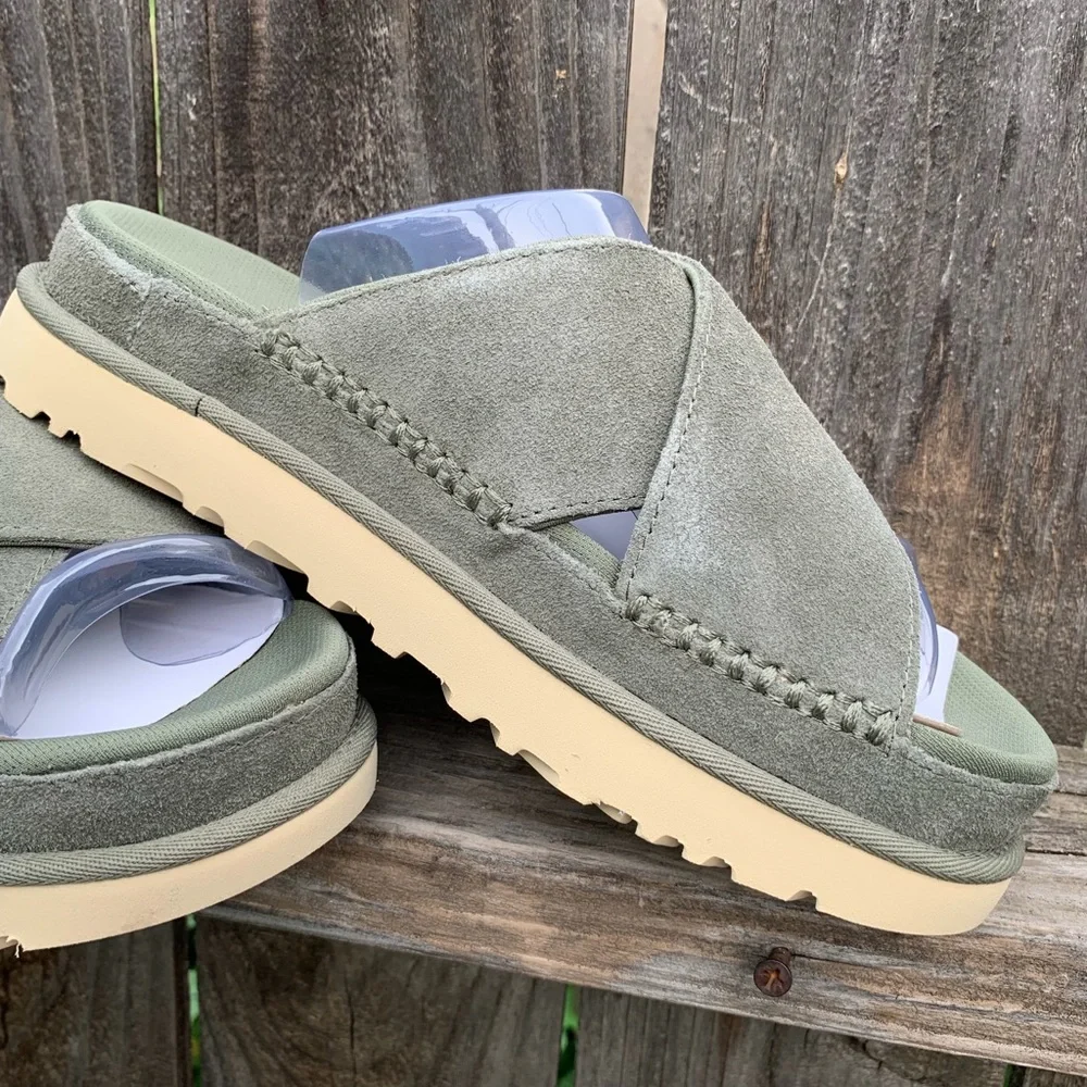 UGG Sandals Goldenstar Cross Platform Slide Moss Green Suede Leather - Picture 10 of 16